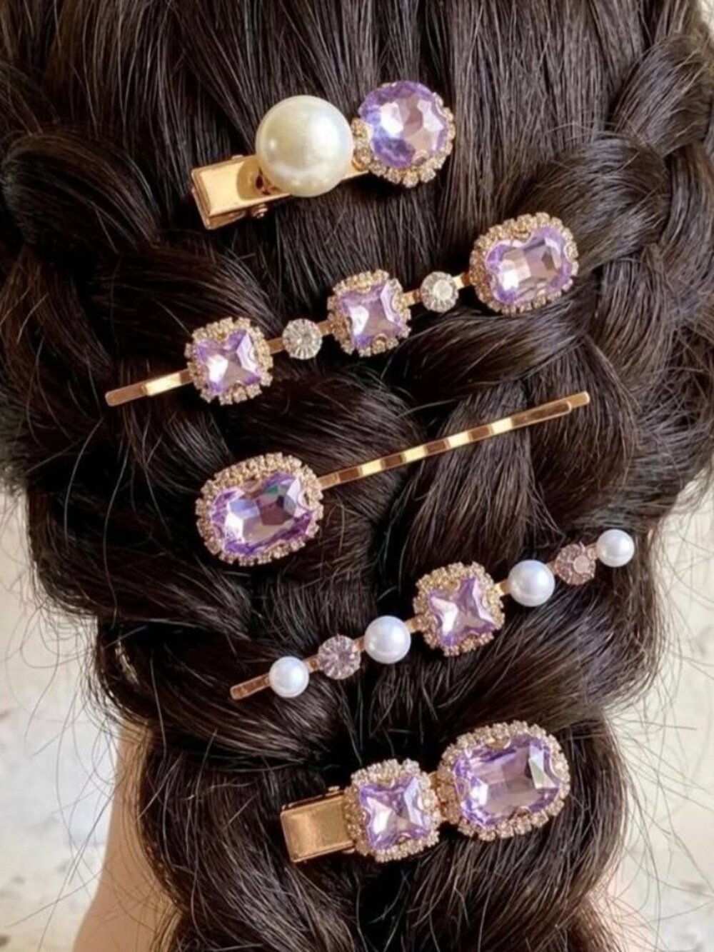 Five Hair Clips of crystal and pearl with a Display Easel